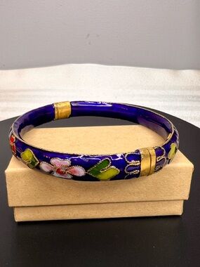 Cloisonné Cobalt Blue Vintage Clamper Bracelet Pink White Green Red Floral Print